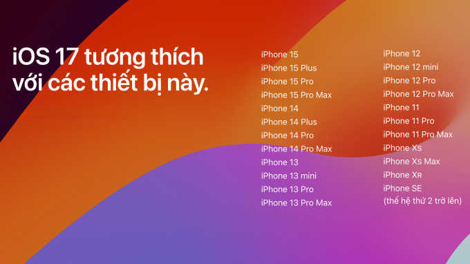 Các thiết bị từ iPhone XR trở lên có thể cập nhật và trải nghiệm iOS 17 mới nhất. (Ảnh: Apple)