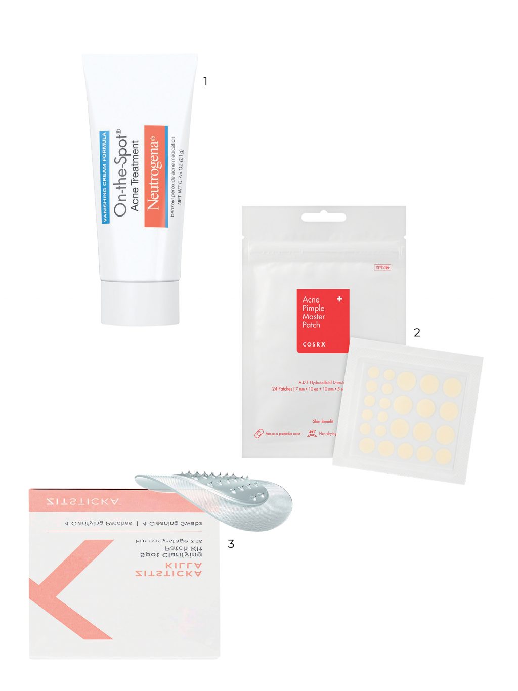 1. Kem trị mụn On-The-Spot Acne Treatment NEUTROGENA – 2. Miếng dán mụn Acne Pimple Master Patch COSRX – 3. Miếng dán mụn Killa ZITSTICKA 