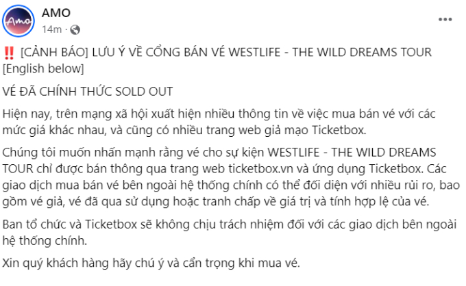 Đơn vị tổ chức show xác nhận vé đều đã sold-out. Đi kèm với đó là cảnh báo lừa đảo.