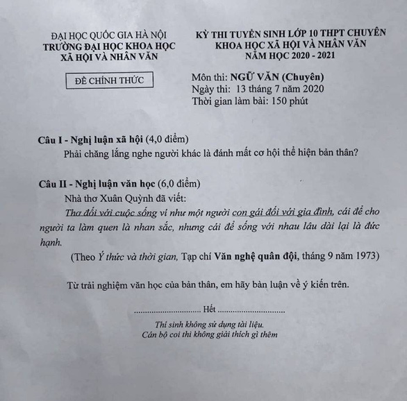 Đề văn tuyển sinh vào lớp 10 của Trường THPT chuyên Khoa học xã hội và nhân văn (Trường ĐH Khoa học xã hội và nhân văn - ĐH Quốc gia Hà Nội) năm 2020 - 2021.