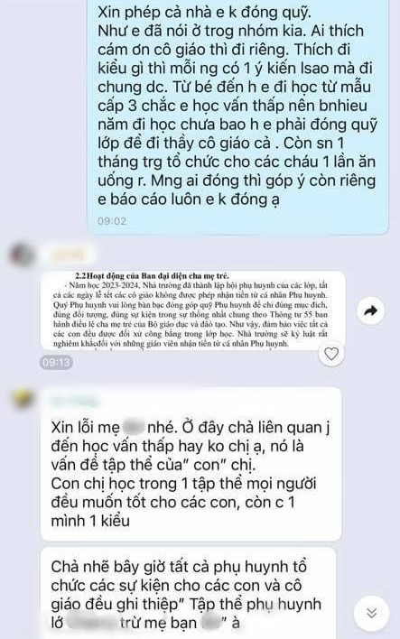 Phụ huynh M.M từ chối nộp tiền quỹ lớp cho con và lập tức bị nhiều phụ huynh khác 