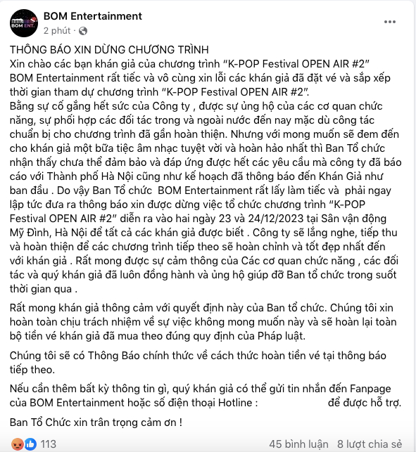 Bài đăng chính thức của BTC Kpop Festival OPEN AIR #2 thông báo việc hủy 2 đêm diễn 