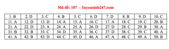 Đáp án môn Toán THPT Quốc gia 2020: Mã đề 107  