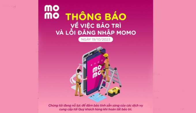 Thông báo về việc bảo trì và lỗi đăng nhập của ví điện tử MoMo trên ứng dụng.