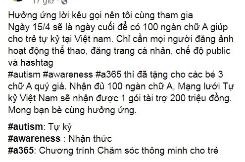 Chiến dịch thu thập 100.000 chữ A để dành gói hỗ trợ 200 triệu đồng, giúp đỡ trẻ em Việt bị tự kỷ.