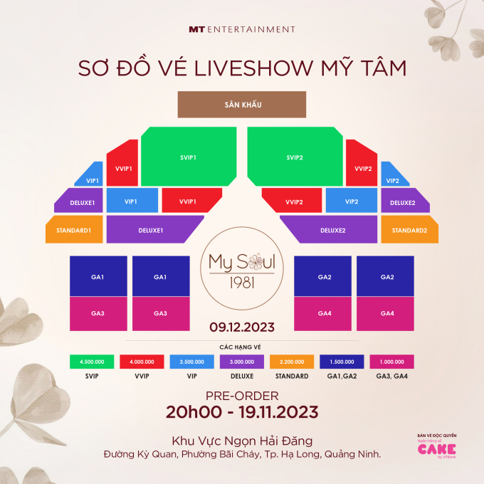 Sơ đồ bán vé show My Soul 1981 của Mỹ Tâm tại Hạ Long. Giá vé dao động từ 1 triệu đồng đến 4.5 triệu đồng.