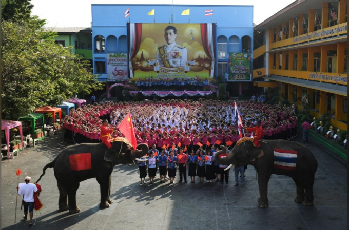 Hai chú voi tham gia cùng học sinh và giáo viên Thái Lan đã xếp thành hình trái tim để gửi lời chúc tới Trung Quốc nhân dịp valentine tại một trường học tại Ayutthaya (Ảnh: REUTERS/Chalinee Thirasupa).