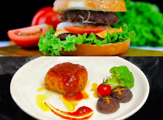    Nhận diện món Hamburger (trên) và món Hamburg Steak -Hambagu (dưới).  