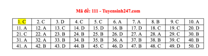 Đáp án môn Toán THPT Quốc gia 2020: Mã đề 111  