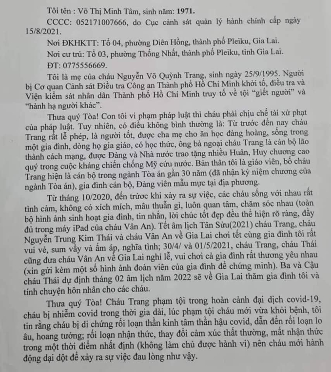 Thư xin giảm tội của mẹ Nguyễn Võ Quỳnh Trang: Thương con hay dung thứ cho cái ác?