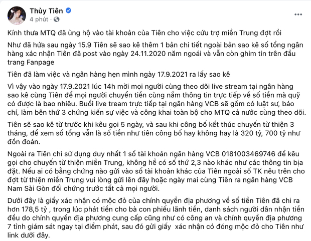 Thủy Tiên công bố bản tổng hợp tiền từ thiện, hẹn ngày livestream sao kê trực tiếp tại ngân hàng