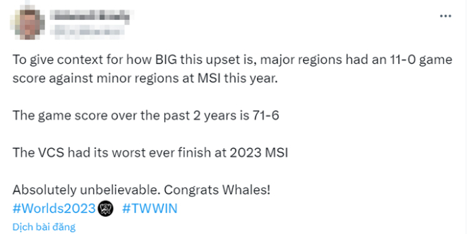   Một phóng viên nổi tiếng đã chỉ ra thành tích tệ hại của VCS và các khu vực Wildcard trong năm 2023, đồng thời khẳng định chiến thắng của TW quả thực rất khó tin.  