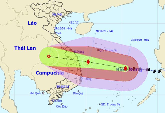 Đường đi của cơn bão số 9 vào sáng 27/10.