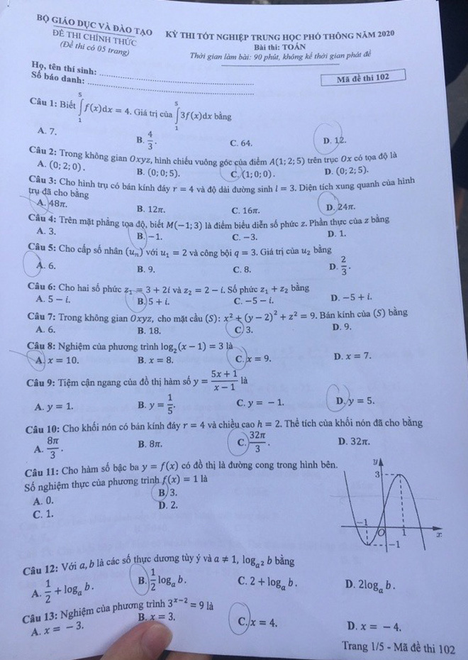 Đáp án đầy đủ các mã đề thi môn Toán THPT Quốc gia 2020