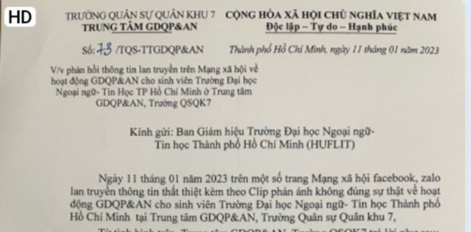   Công văn khẳng định thông tin sai sự thật của Trung tâm Giáo dục quốc phòng và an ninh, Trường Quân sự Quân khu 7  