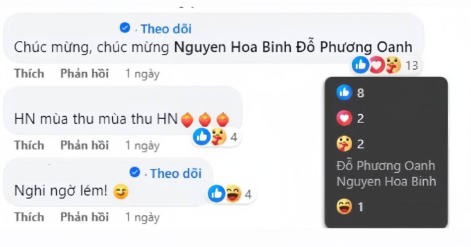 Shark Bình thả icon thương thương với bình luận chúc mừng 2 vợ chồng dưới bài Phương Oanh đăng 