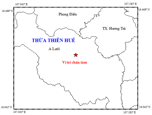 Bản đồ chấn tâm của trận động đất xảy ra tại A Lưới vào khuya 17/11. Ảnh: Viện Vật lý địa cầu