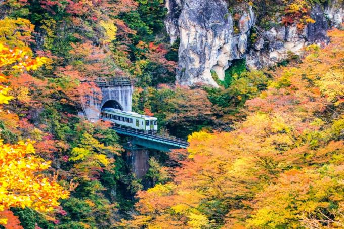  Hẻm núi Naruko Gorge thuộc tỉnh Miyagi - Nhật Bản. Điểm ấn tượng nhất là cầu Ofukazawa, nơi thường có đoàn tàu đi qua. Ảnh: DoctorEgg.