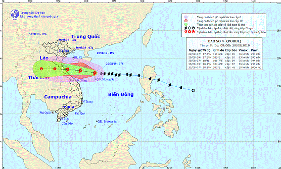   Hướng đi của bão số 4 vào lúc 9h ngày 29/08/2019.  