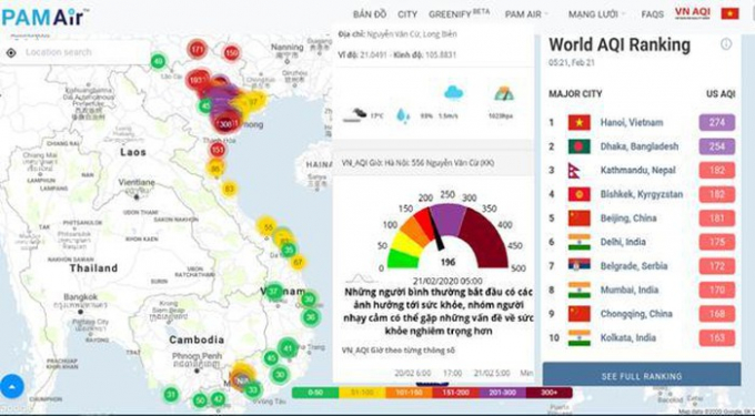   Diễn biến chất lượng không khí sáng nay, 21/2. (Ảnh chụp màn hình)  