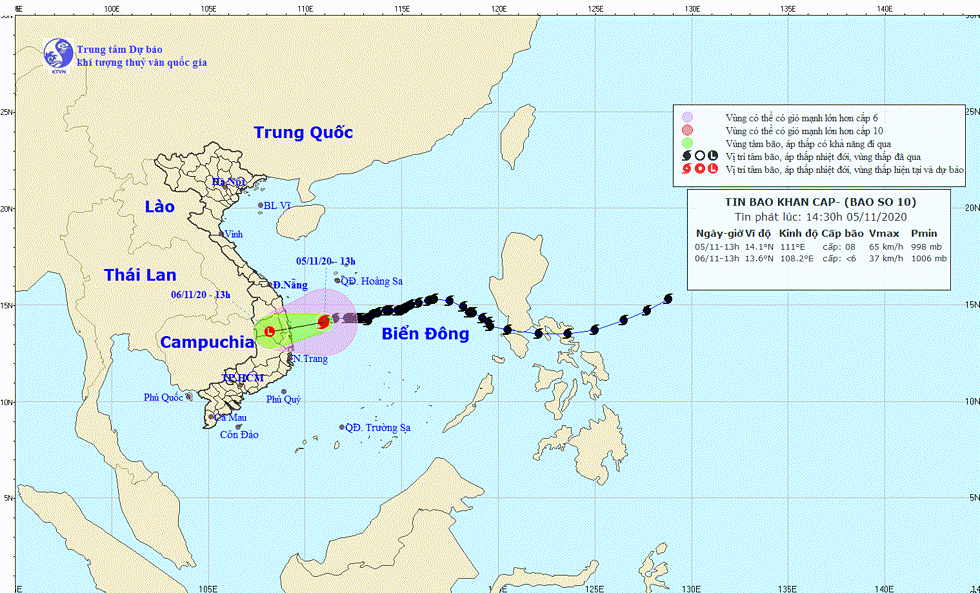 Hướng di chuyển của bão số 10. Nguồn: TTKTTV