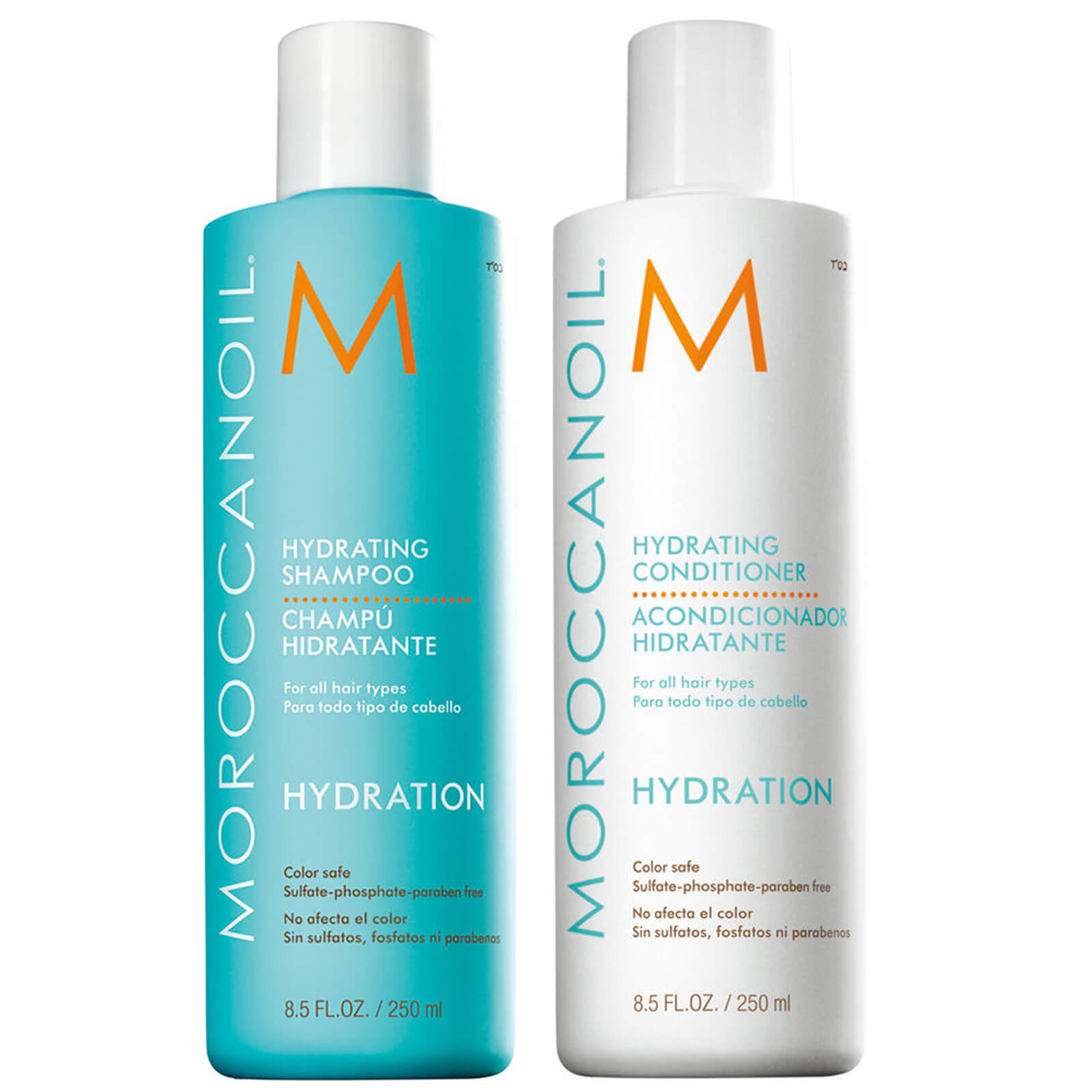 Bộ dầu gội và dầu xả Moroccanoil Hydrating chứa các thành phần dưỡng tóc như dầu argan, vitamin A, E và tảo đỏ. Công thức này có khả năng cung cấp dưỡng chất và giữ ẩm cho tóc, mang đến mái tóc đầy sức sống. 