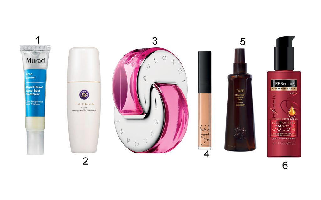   1. Kem trị mụn Rapid Relief Acne Spot Treatment MURAD – 2. Dầu tẩy trang Pure One Step Camellia TATCHA – 3. Nước hoa Omnia Pink Sapphire BVLGARI – 4. Kem che khuyết điểm Radiant Creamy Concealer NARS – 5. Oribe Maximista Thickening Spray ORIBE – 6. Keratin Smooth Color TRESemmé   