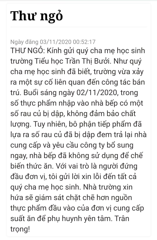 Hiệu trưởng viết thư ngỏ xin lỗi phụ huynh nhưng phụ huynh cho rằng thư xin lỗi không thể hiện thiện chí nhận lỗi.