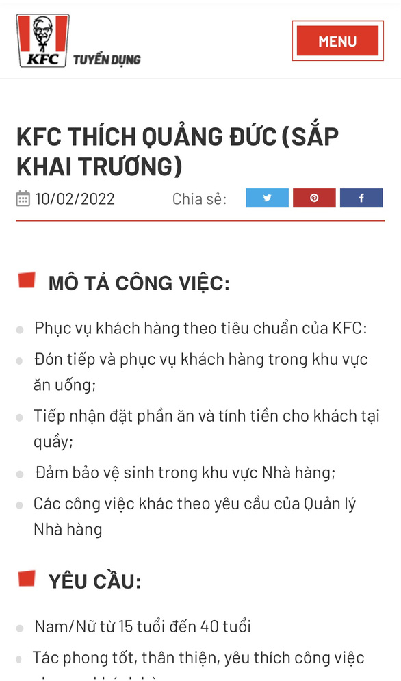   Bảng tin tuyển dụng trên website của KFC  