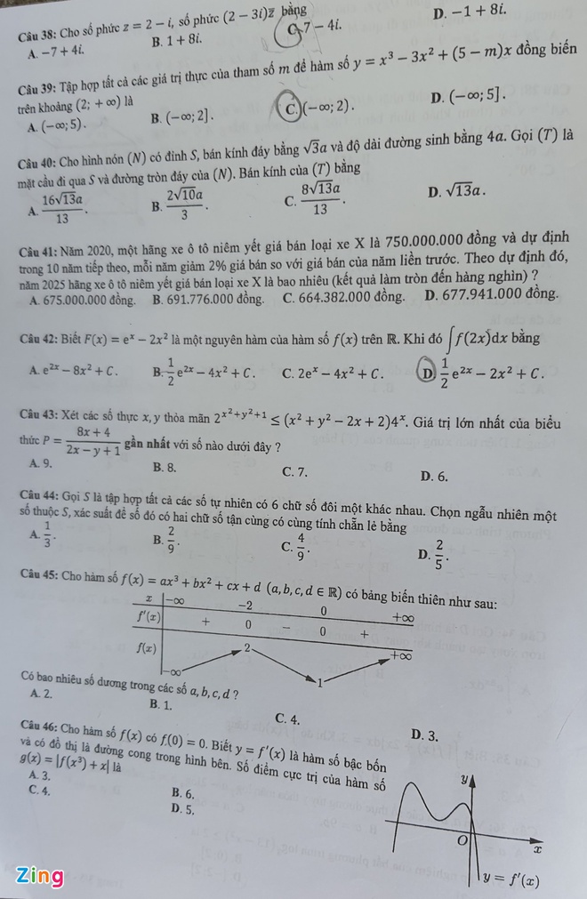 Đáp án môn Toán kỳ thi tốt nghiệp THPT 2020 đợt 2: Mã đề 124  