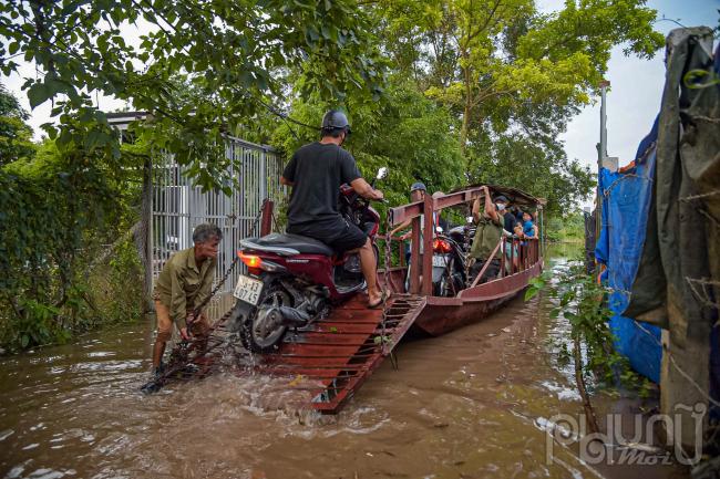 Người dân sinh sống ở khu vực này phải di chuyển bằng đò để đi ra vào khu vực sinh sống trong bãi giữa sông Hồng.