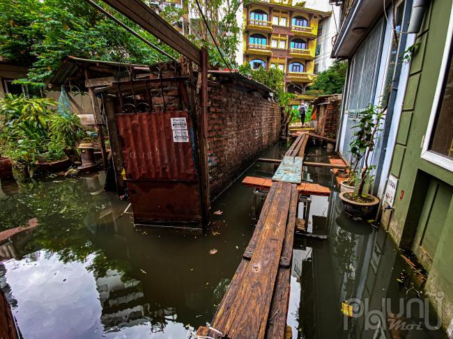 Do nước ngập sâu nên người dân phải bắc cầu bằng các tấm ván ghép để đi lại trong ngõ 91 Âu Cơ.