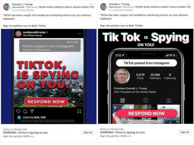   Nội dung quảng cáo của ông Trump tập trung vào bê bối lấy dữ liệu clipboard người dùng của TikTok. Ảnh: Facebook Ads.  