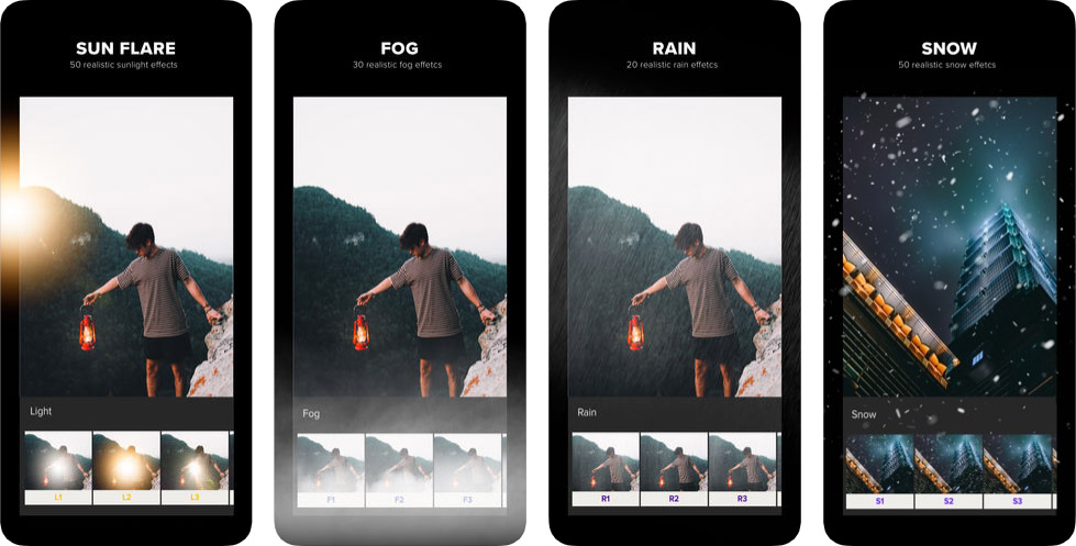   Ứng dụng này cho phép bạn tạo ra những lớp phủ hiệu ứng độc đáo cho mỗi bức ảnh chụp, đặc biệt là khi bạn cần thêm các yếu tố như mưa, tuyết, sương mù, ánh sáng mặt trời và ánh sáng nhân tạo.  