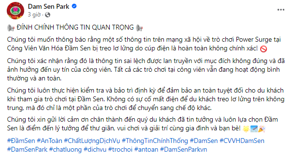 Bài đăng trên fanpage chính thức của công viên