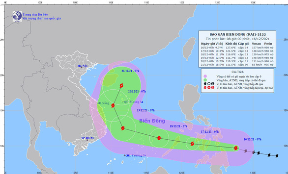   Vị trí và hướng di chuyển bão Rai - Ảnh: NCHMF  