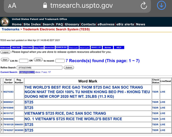   Gạo ST25 đã được đăng ký bảo hộ tại Mỹ nhưng chưa được phê duyệt.  