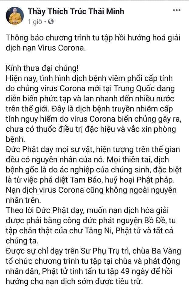 Hình ảnh hóa giải nạn dịch Corona của sư trụ trì Ba Vàng bị gỡ bỏ