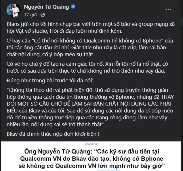 Ông Nguyễn Tử Quảng đăng tải trên trang cá nhân sự việc câu nói của ông bị cắt bớt, sai sự thật.