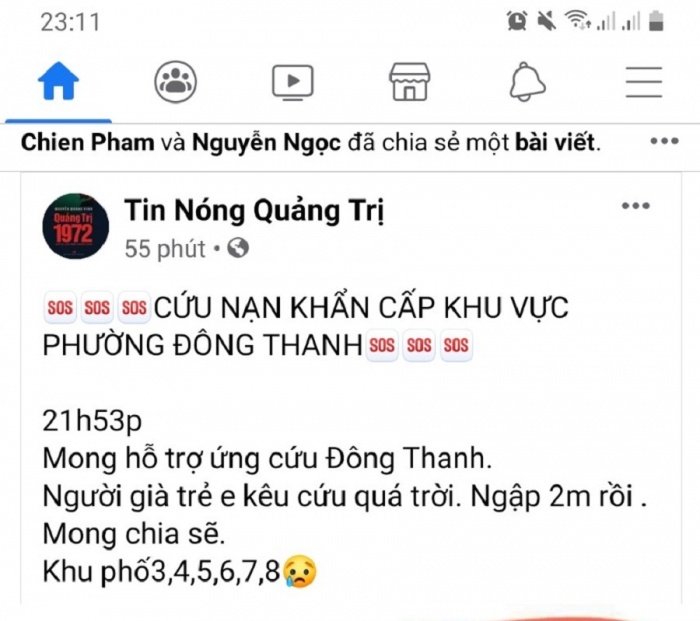 Dòng trạng thái cầu cứu của người dân Quảng Trị. Ảnh: Chụp màn hình. 