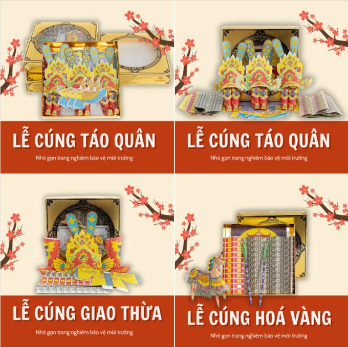 Những bộ vàng mã được đóng trong chiếc hộp kích thước nhỏ, tiện vận chuyển, dễ bày biện và quan trọng là không ảnh hưởng quá nhiều tới môi trường.