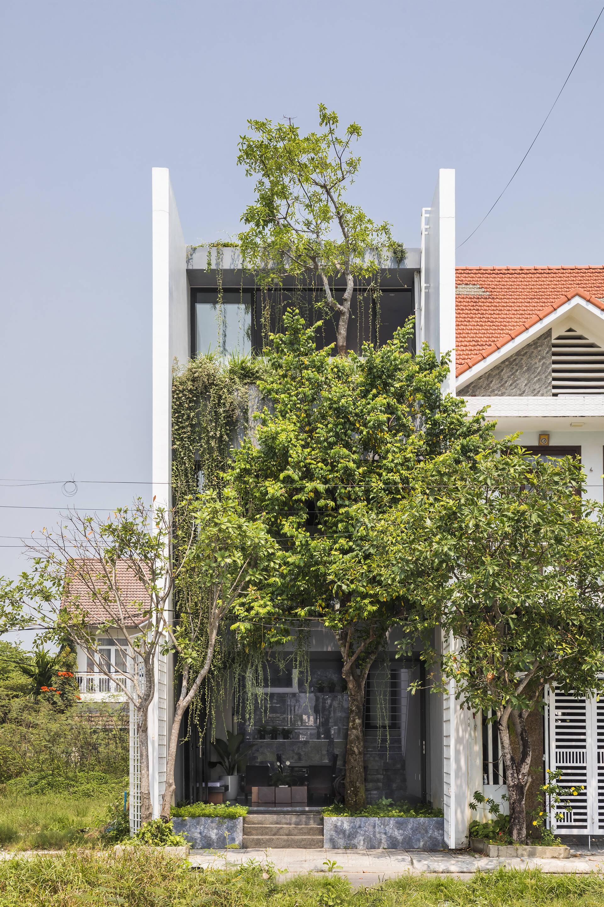 The Flow of Time House với mặt tiền xanh mát, lọc bớt không khí nóng vào nhà. 