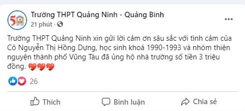  Số tiền của các mạnh thường quân gửi về được fanpage của trường liên tục cập nhật. Ảnh: Chụp màn hình