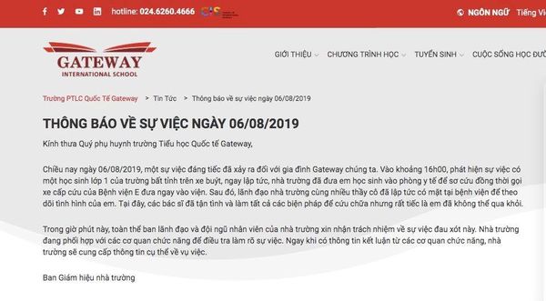 Dòng thông báo bị tố vô cảm của Trường quốc tế Gateway.