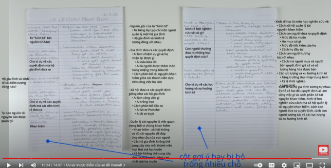 Một bản ghi chú theo phương pháp CORNELL của con chị Hằng