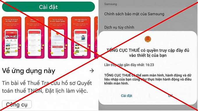 Ứng dụng thuế giả mạo khi được cài đặt lên máy nạn nhân sẽ âm thâm lấy cắp thông tin cá nhân, thông tin tài khoản ngân hàng với mục đích chiếm đoạt tài sản (Ảnh: Tổng cục Thuế)