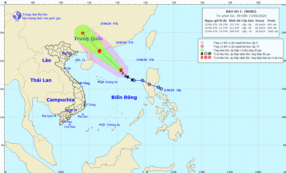 Hướng di chuyển của bão số 1. Nguồn: TTKTTV