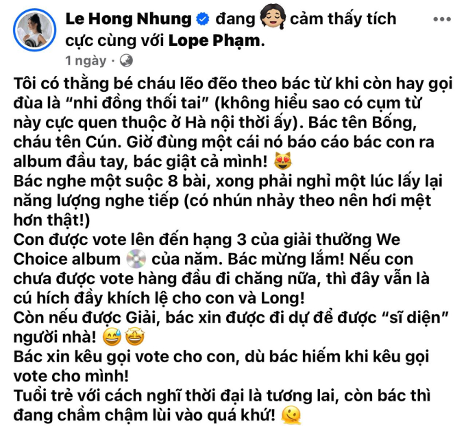 Bài đăng kêu gọi bầu chọn cho Lope Phạm hết sức dễ thương đến từ diva Hồng Nhung.