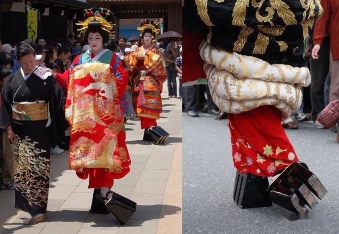   Guốc gỗ truyền thống của người Oiran Nhật Bản: “guốc ba răng” không chỉ to và nặng, các oiran còn phải giẫm lên và bước đi chậm rãi theo điệu múa “tám ký tự”.  