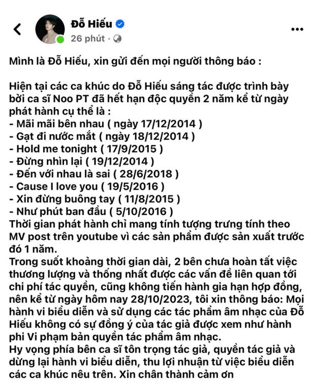 Bài đăng của nhạc sĩ Đỗ Hiếu yêu cầu Noo Phước Thịnh dừng sử dụng 8 ca khúc 